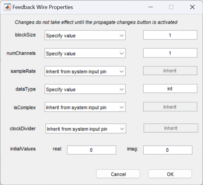 Feedback Wire Properties dialog