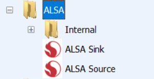 Module browser showing ALSA Sink and ALSA Source