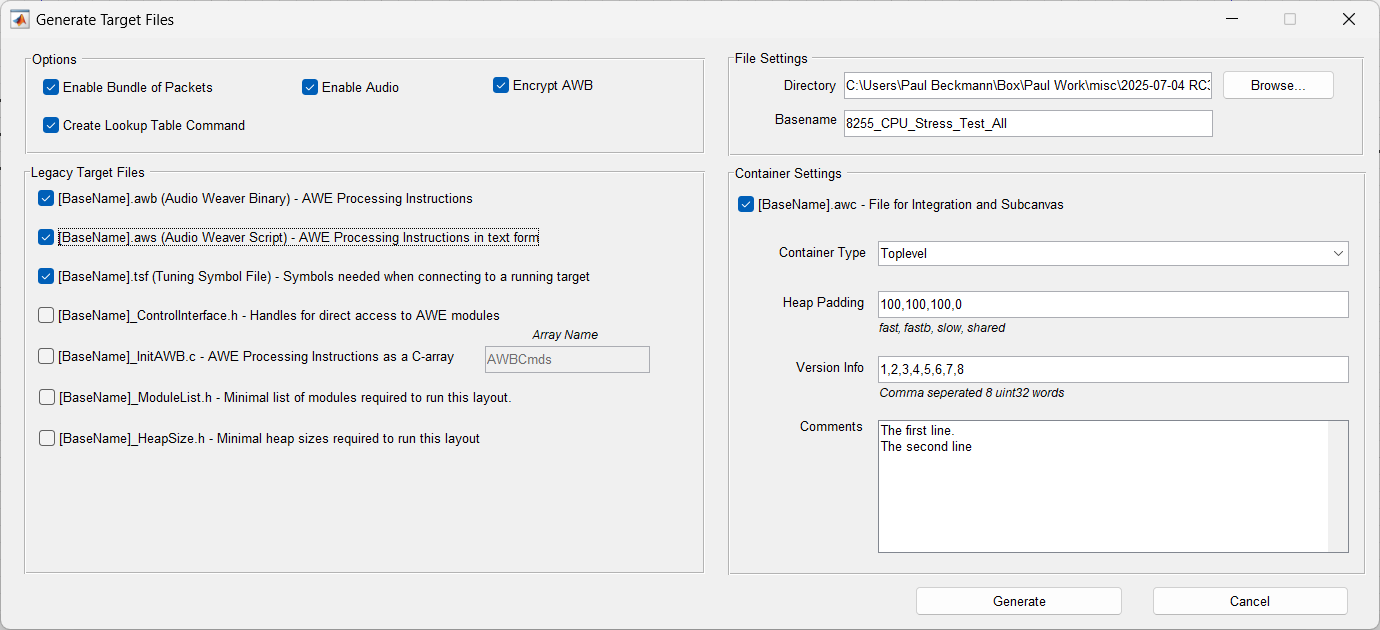 Generate Target Files dialog