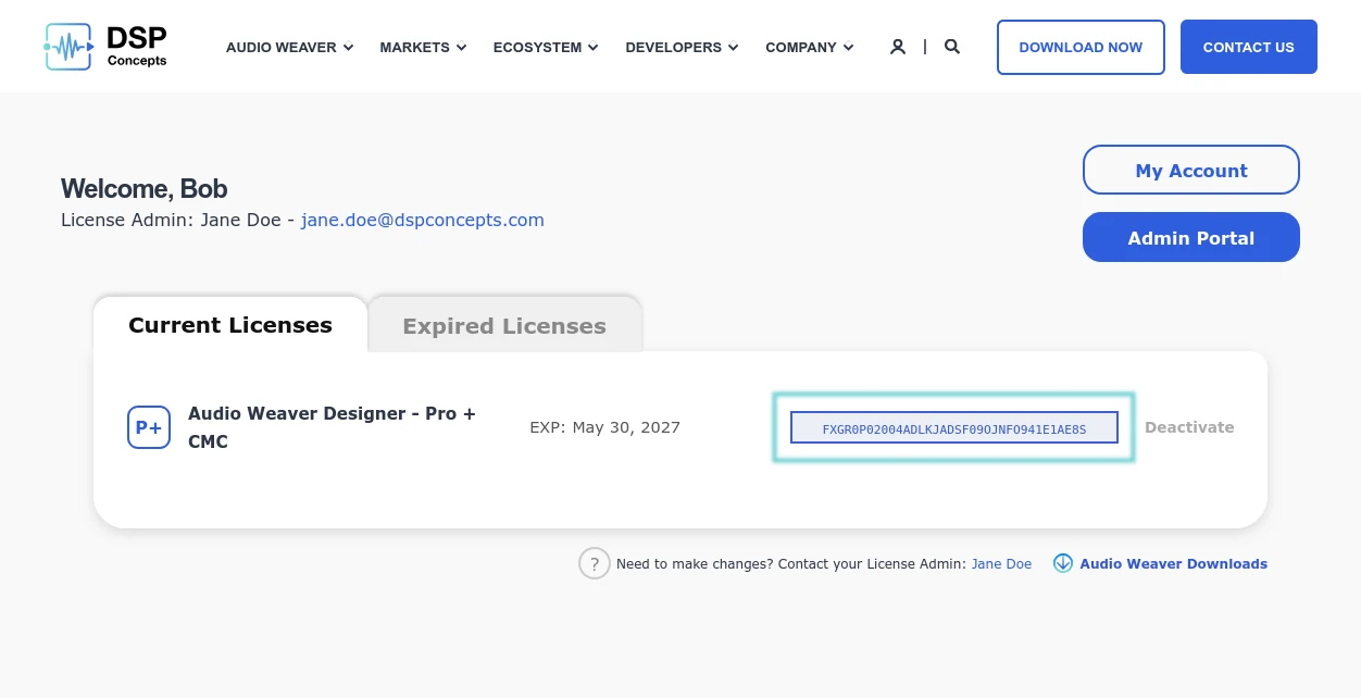 Screenshot of the License Dashboard with a blue box around the activation key