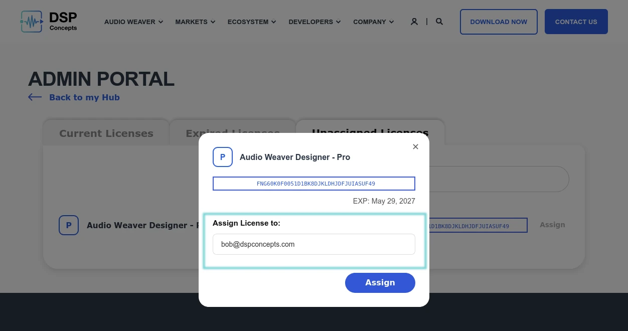 Screenshot of the "Assign License to" dialog with a blue box around the "Email" field