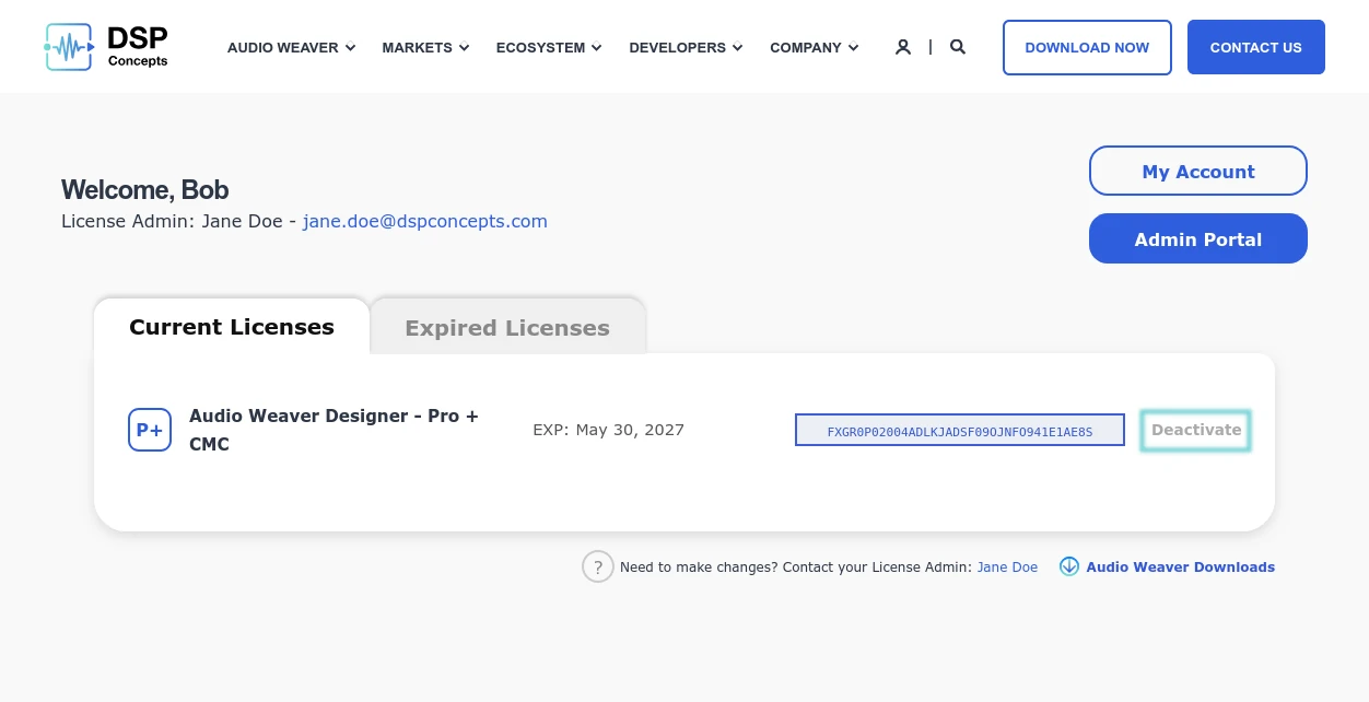Screenshot of the License Dashboard with a blue box around the "Deactivate" button