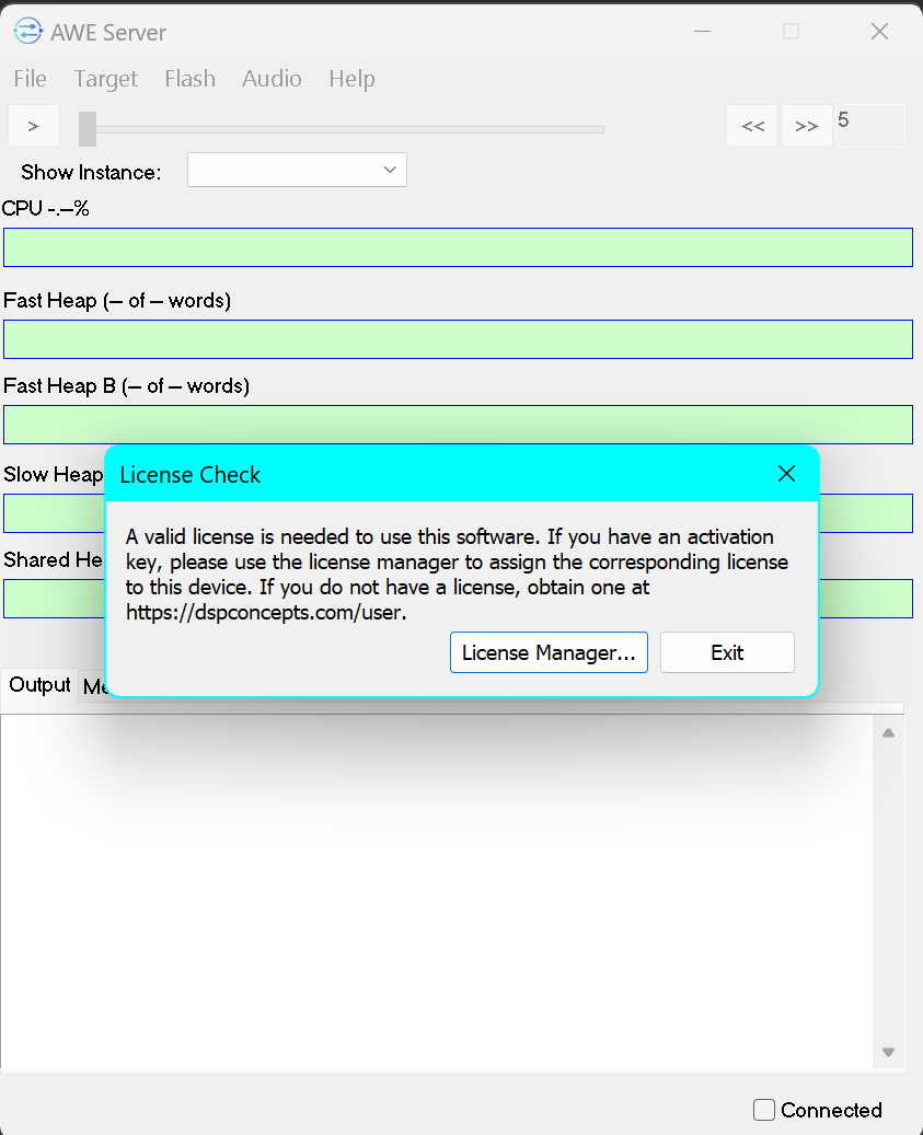 Screenshot of AWE Server with a dialog box labeled "License Check", containing the text "A valid license is required to use this software. If you have an activation key, please use the license manager to assign the corresponding license to this device.