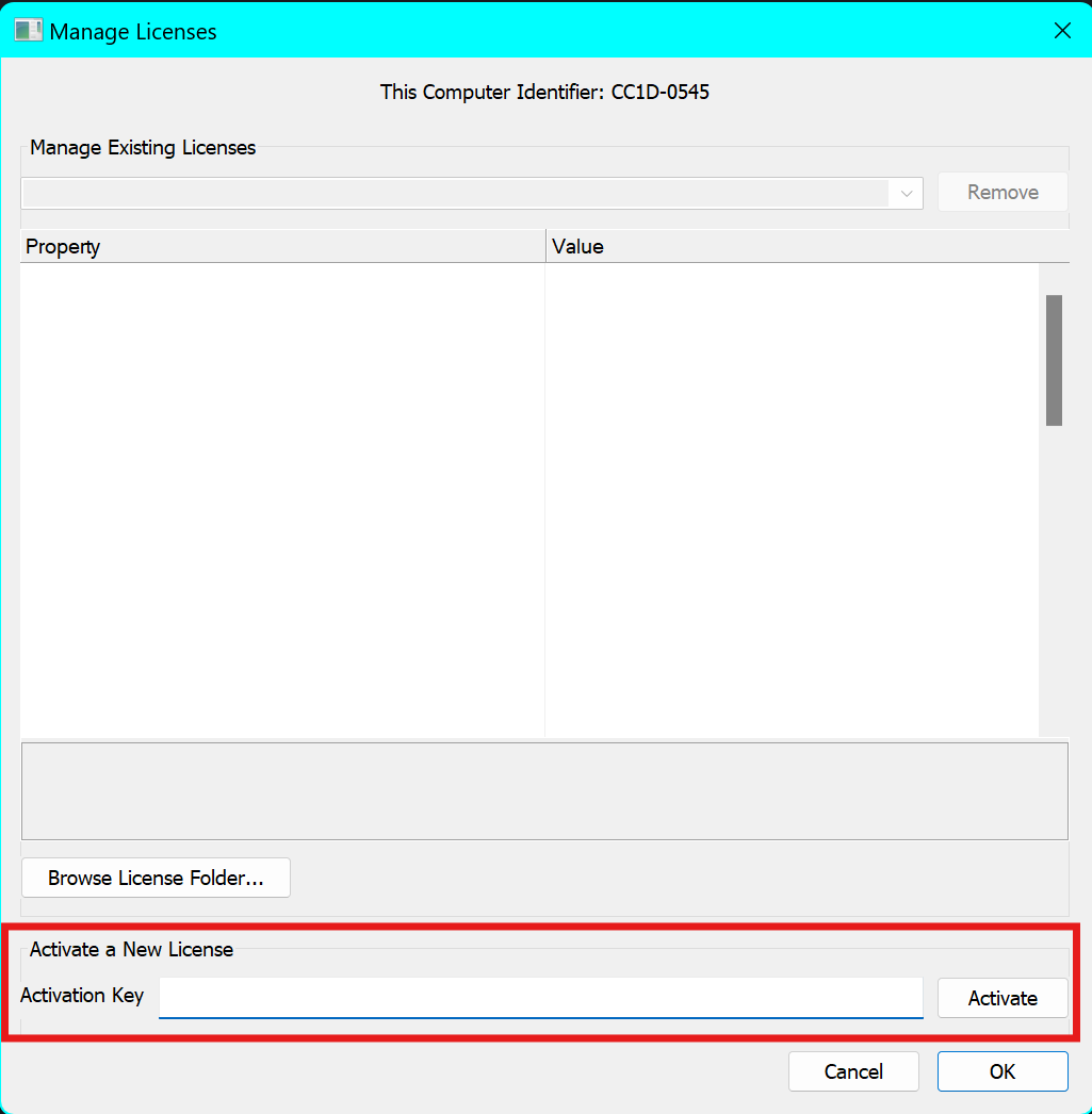Screenshot of the Audio Weaver Designer license manager dialog, with a red box around the license activation controls.