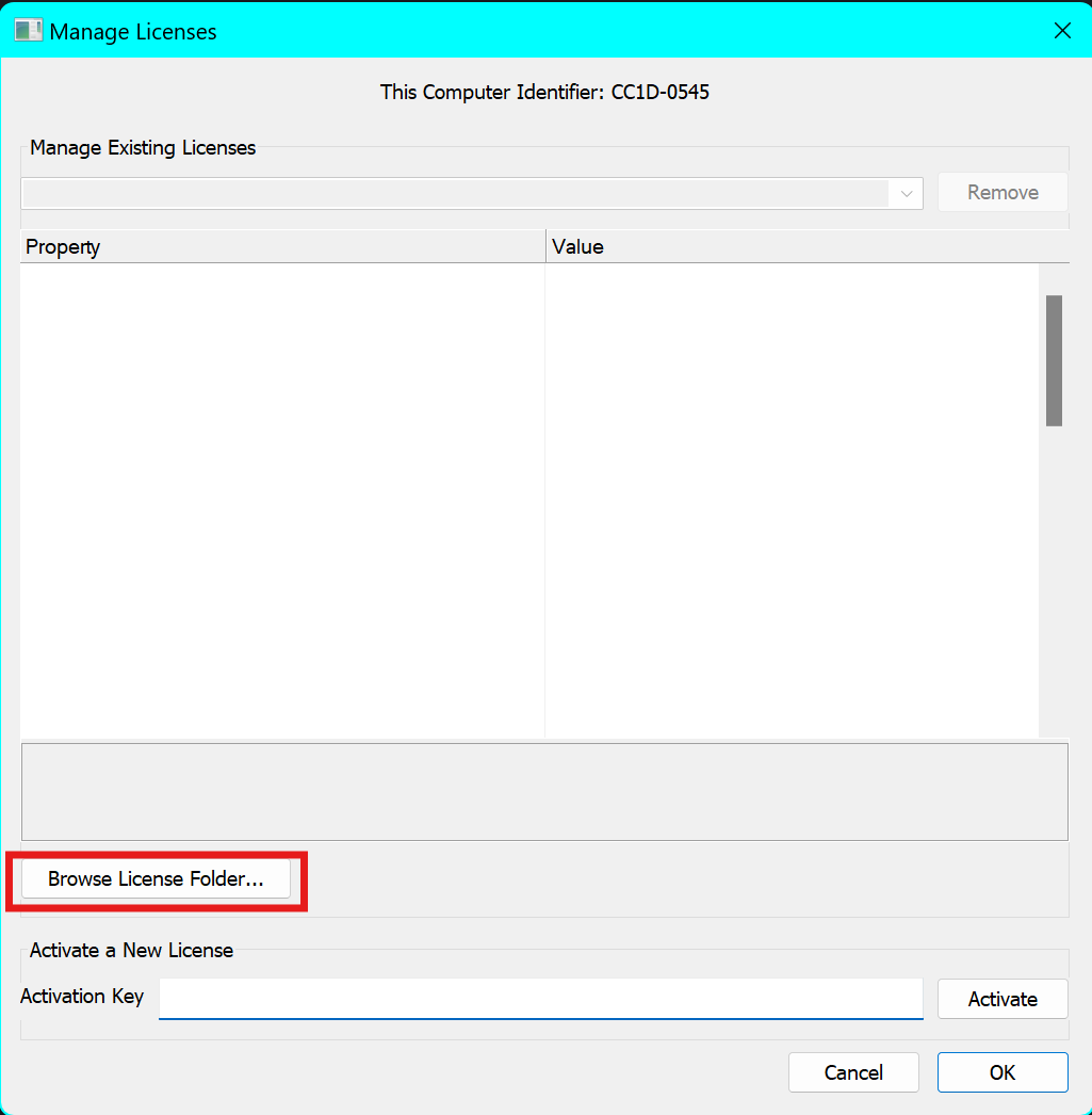 Screenshot of the Audio Weaver Designer license manager dialog, with a red box around a button labeled "Browse License Folder..."