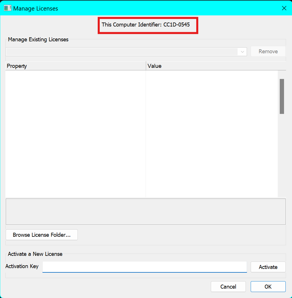 Screenshot of the Audio Weaver Designer license manager dialog, with a red box around the user's Computer Identifier