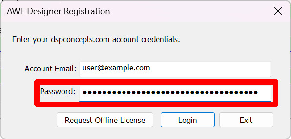 Screenshot of pre 8.2026.1 Audio Weaver Designer login dialog with a red box around the password input field.