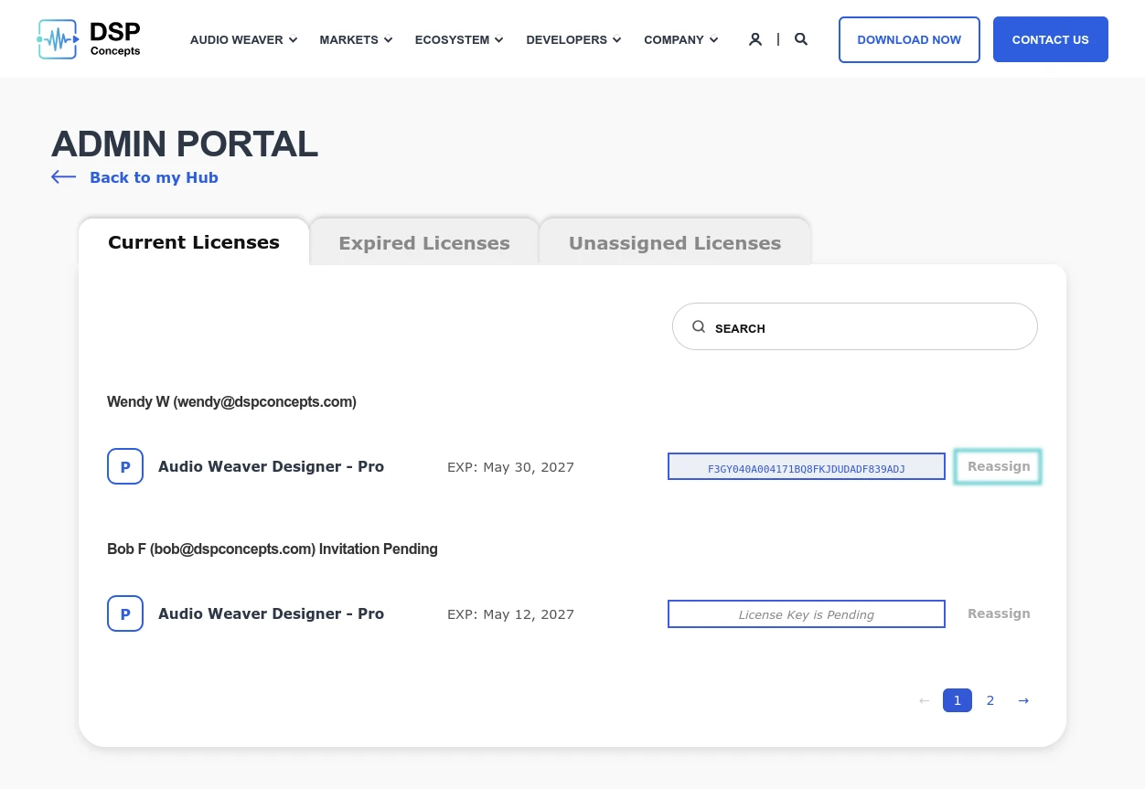 Screenshot of the "Current Licenses" tab with the a blue box around the "Reassign" button