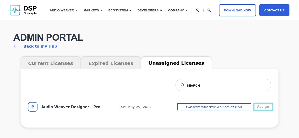 Screenshot of the "unassigned Licenses" tab with a blue box around the "Assign" button for the sample license