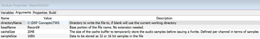 WaveFileSink Module Arguments Tab