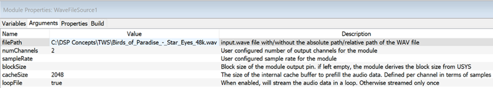 WaveFileSource Module Arguments Tab